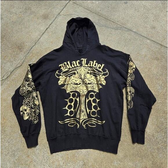 Y2k 2000s Blac Label Skull Cross Gold Foil Hoodie Skater Mallgoth Cyber - Picture 1 of 7